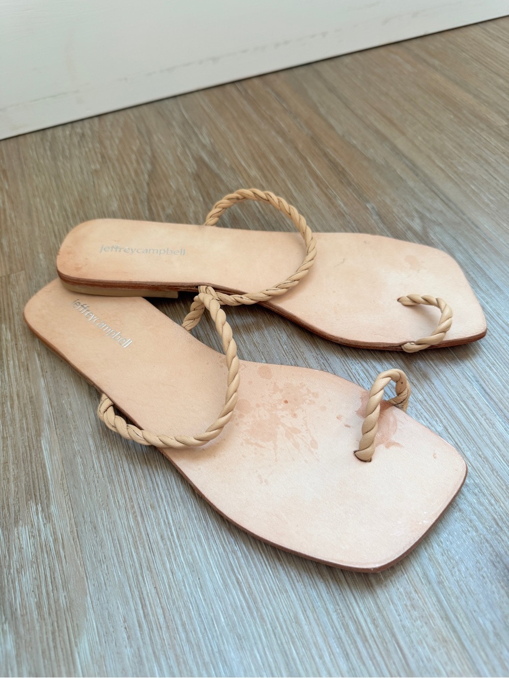 Jeffrey Campbell Beige Braided Toe-Loop Flat Sandals leather 8 minimalist nude